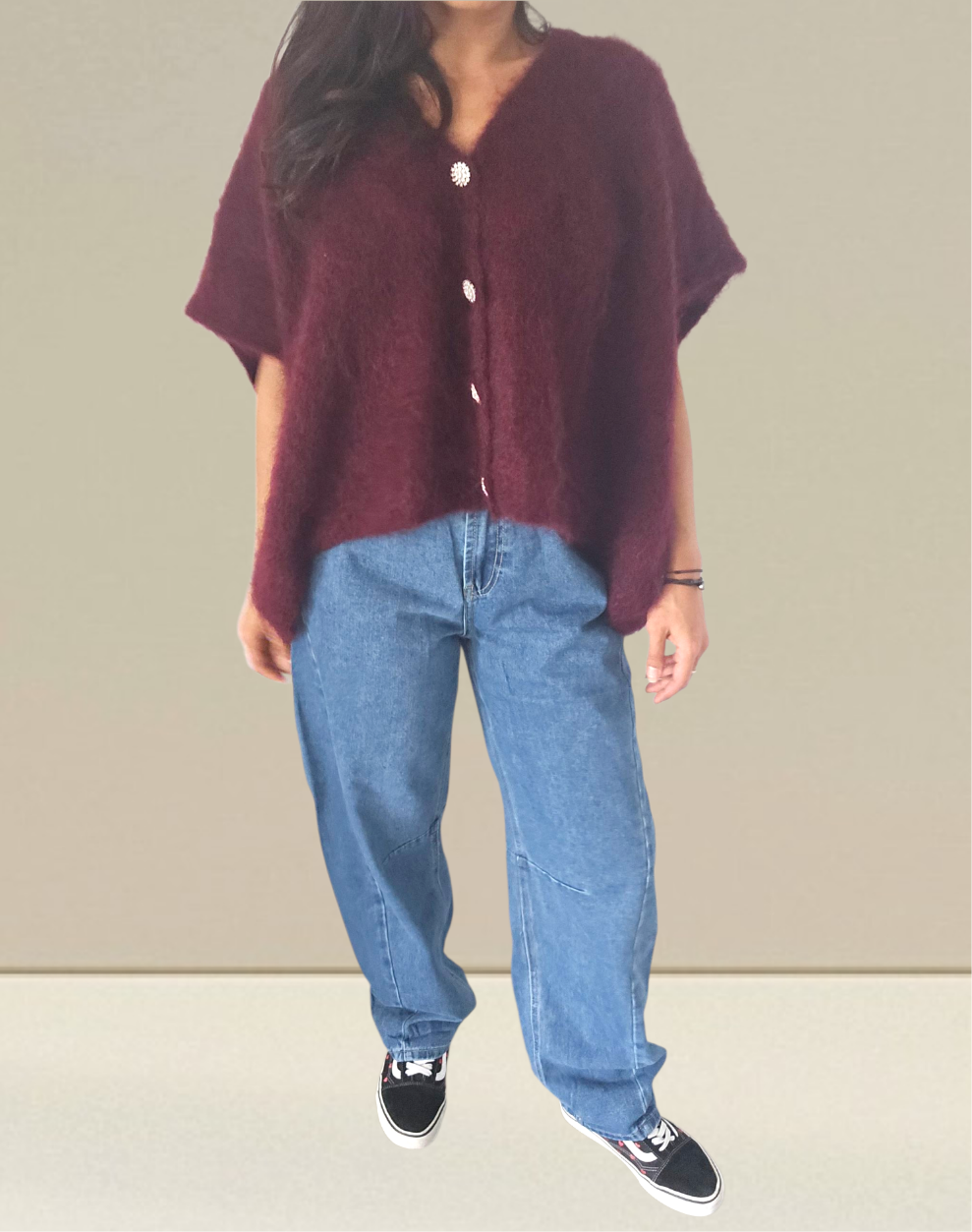 PULL SANS MANCHES EN KID MOHAIR - BOUTONS BIJOUX- BORDEAUX