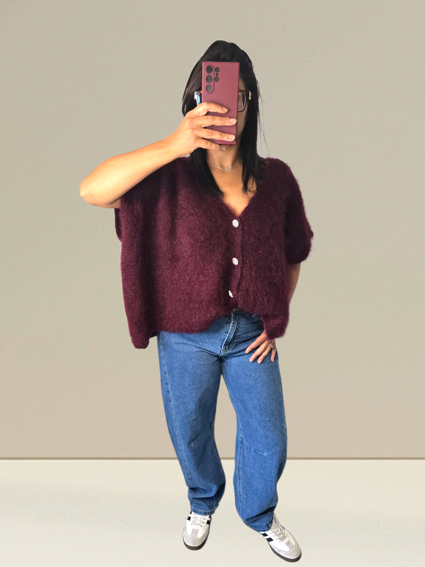 PULL SANS MANCHES EN KID MOHAIR - BOUTONS BIJOUX- BORDEAUX