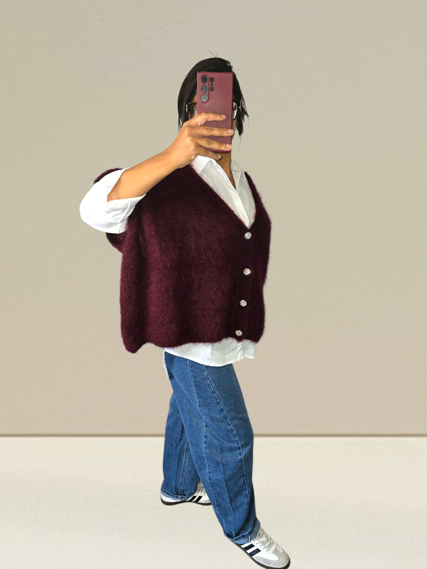 PULL SANS MANCHES EN KID MOHAIR - BOUTONS BIJOUX- BORDEAUX
