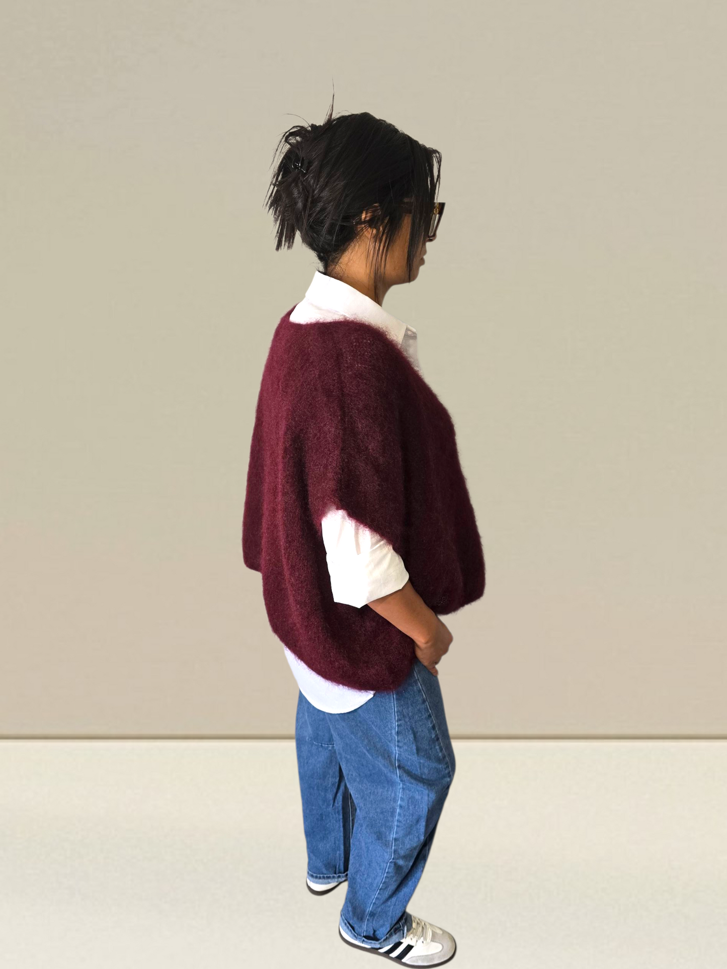PULL SANS MANCHES EN KID MOHAIR - BOUTONS BIJOUX- BORDEAUX