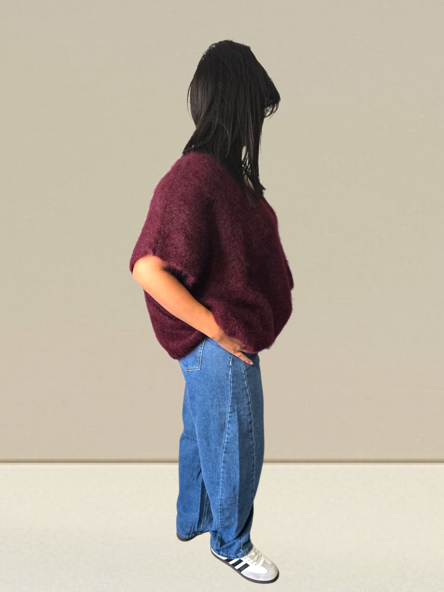 PULL SANS MANCHES EN KID MOHAIR - BOUTONS BIJOUX- BORDEAUX