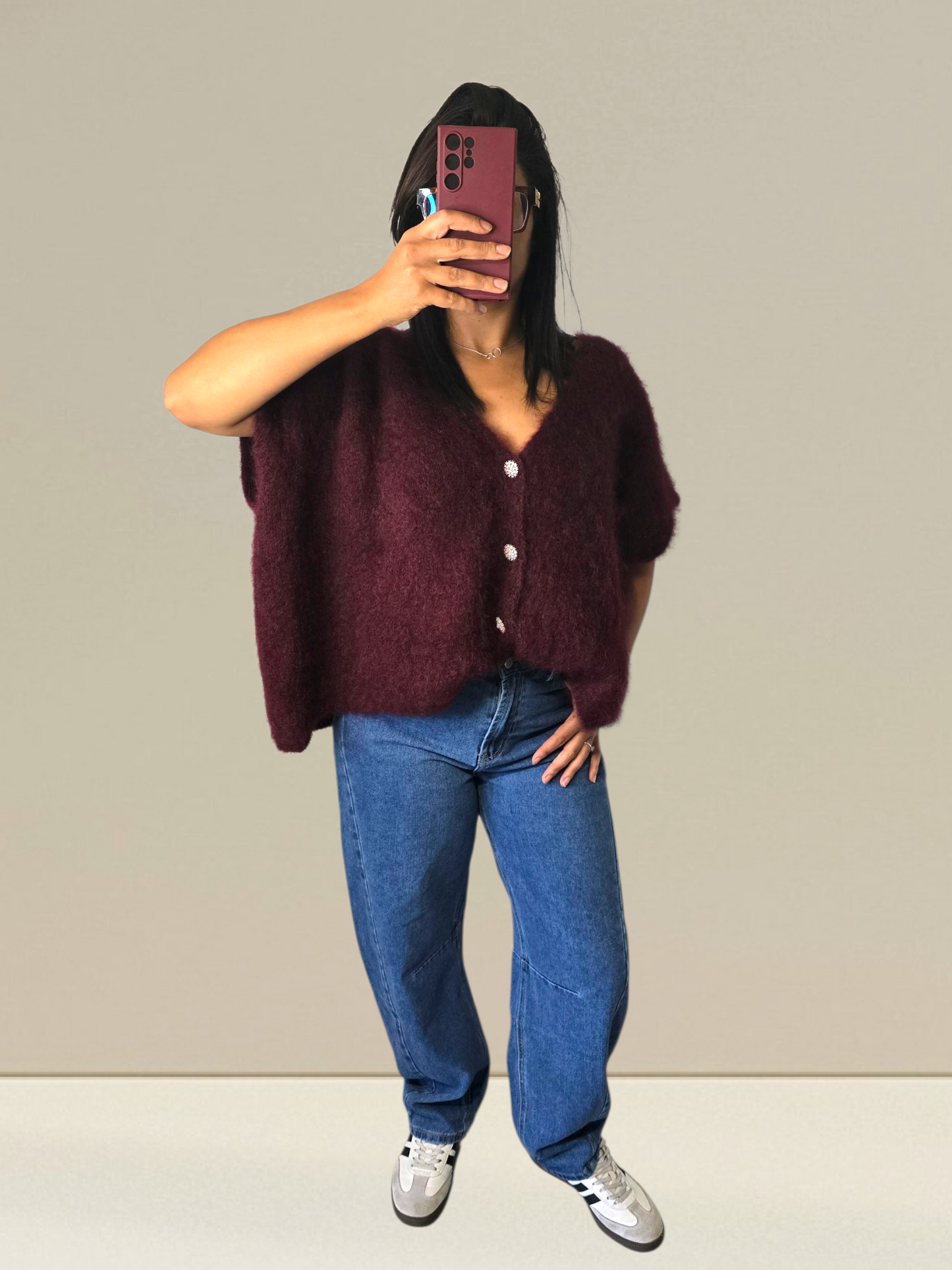 PULL SANS MANCHES EN KID MOHAIR - BOUTONS BIJOUX- BORDEAUX