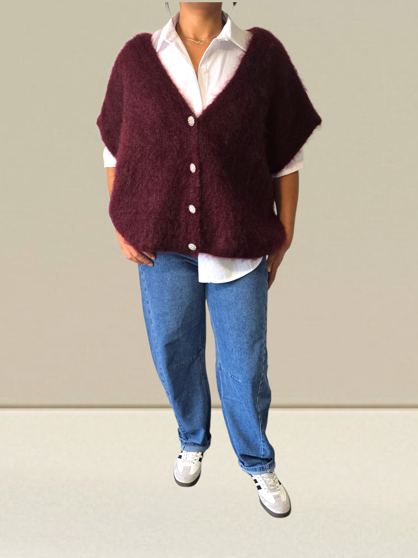 PULL SANS MANCHES EN KID MOHAIR - BOUTONS BIJOUX- BORDEAUX