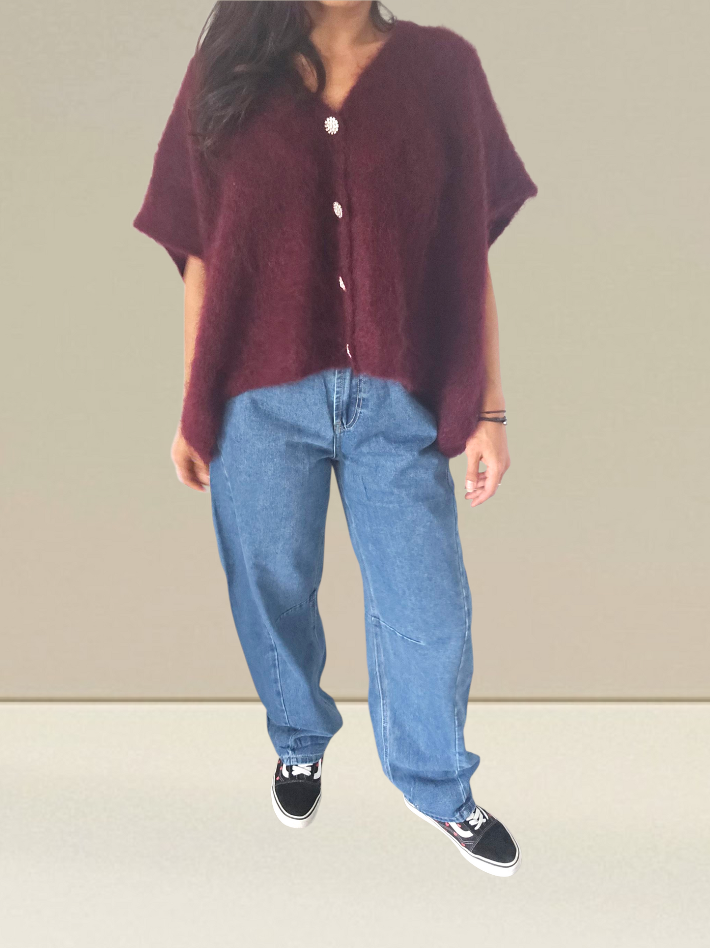 PULL SANS MANCHES EN KID MOHAIR - BOUTONS BIJOUX- BORDEAUX