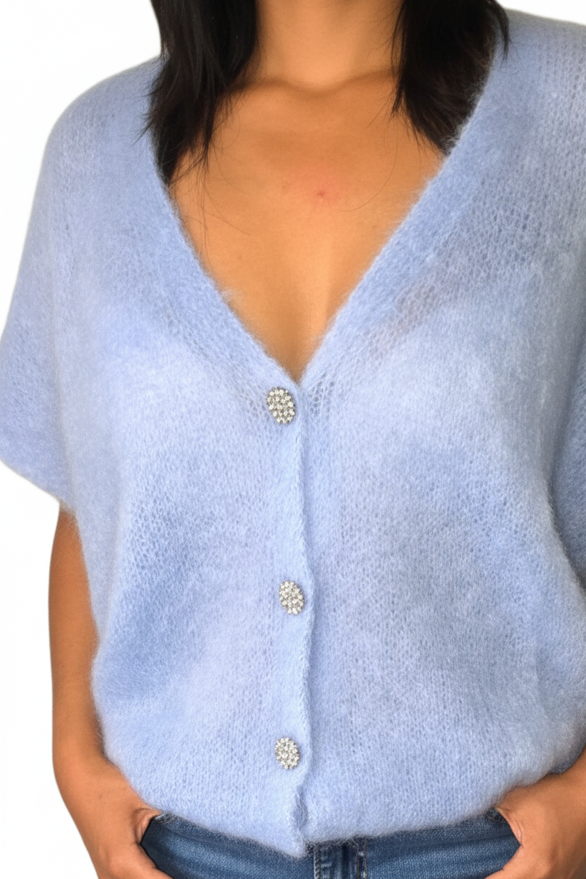 PULL SANS MANCHES EN KID MOHAIR - BOUTONS BIJOUX- BLEU CIEL
