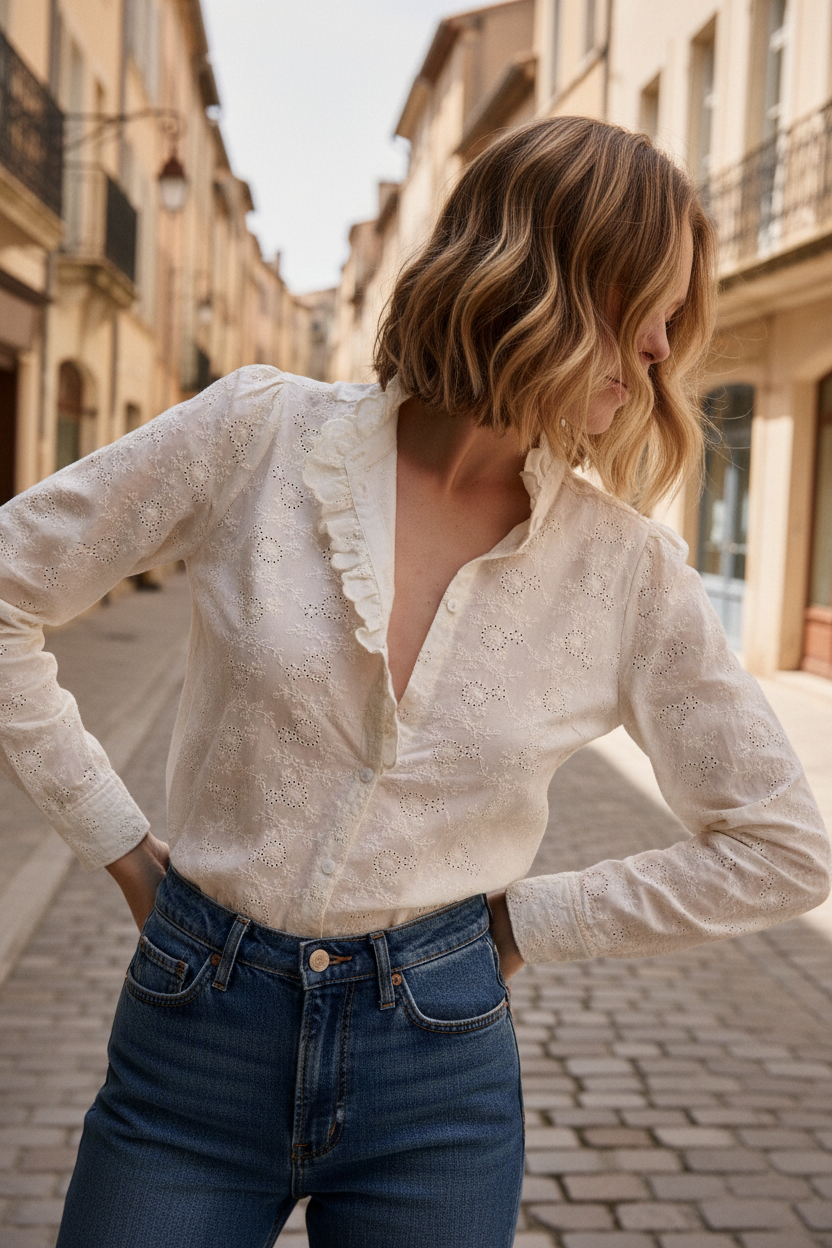 CHEMISE À VOLANT COTON RAFFINÉ