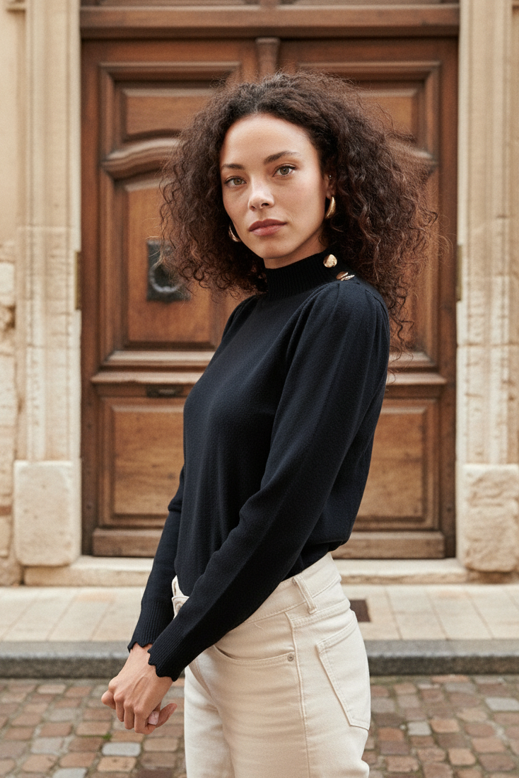 NOIR ÉLÉGANT  - PULL MANCHES BALLON ET BOUTONS DORÉS