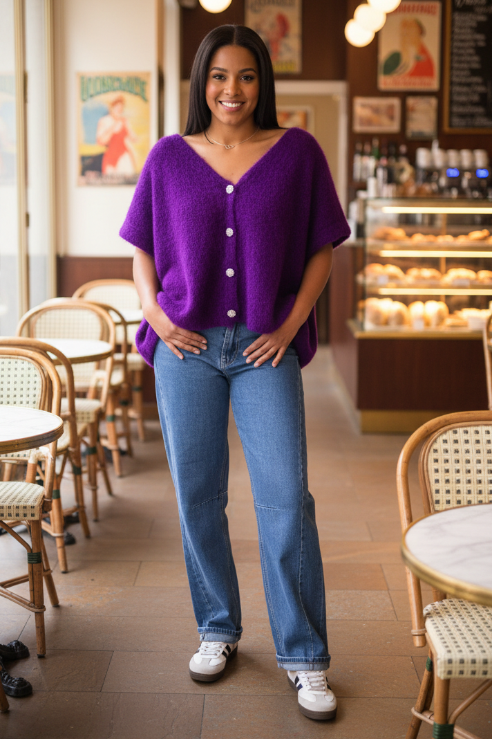 PULL SANS MANCHES EN KID MOHAIR - BOUTONS BIJOUX- FUSHIA