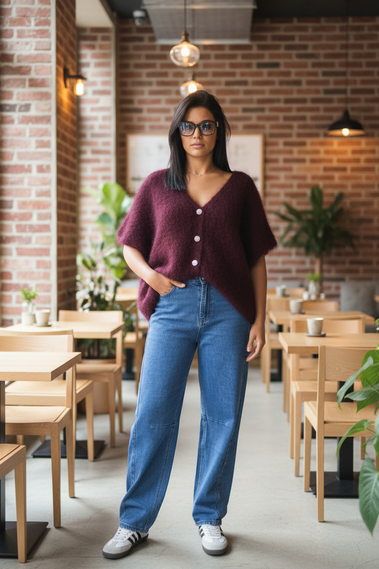 PULL SANS MANCHES EN KID MOHAIR - BOUTONS BIJOUX- BORDEAUX