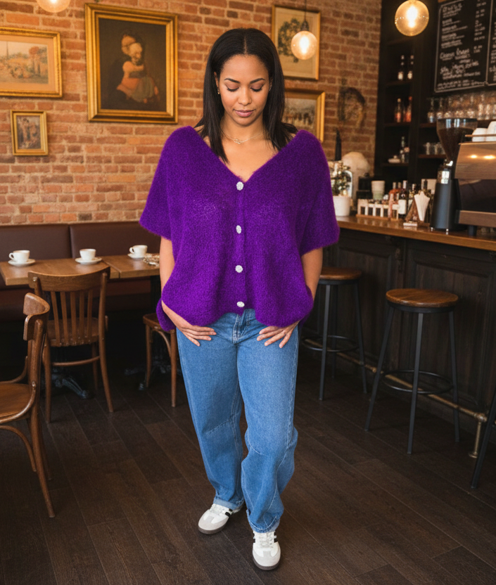 PULL SANS MANCHES EN KID MOHAIR - BOUTONS BIJOUX- FUSHIA