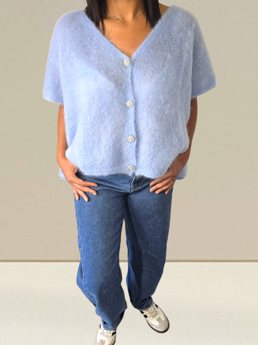 PULL SANS MANCHES EN KID MOHAIR - BOUTONS BIJOUX- BLEU CIEL
