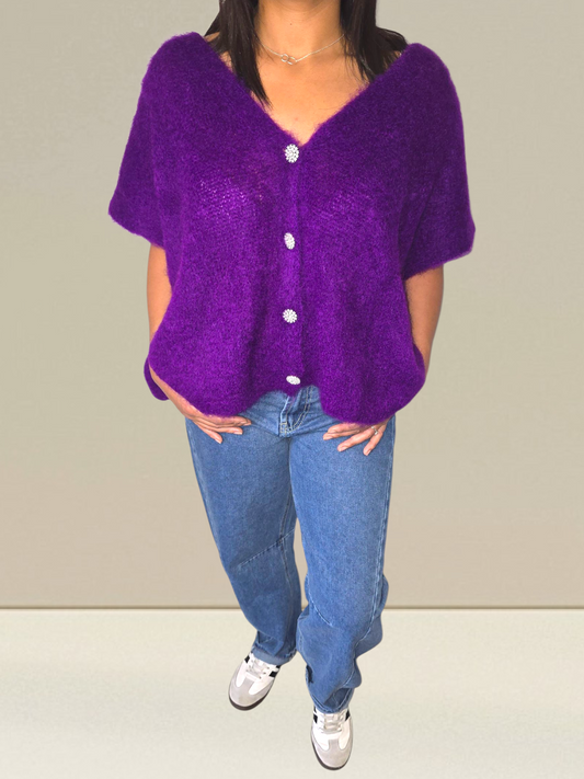 PULL SANS MANCHES EN KID MOHAIR - BOUTONS BIJOUX- FUSHIA