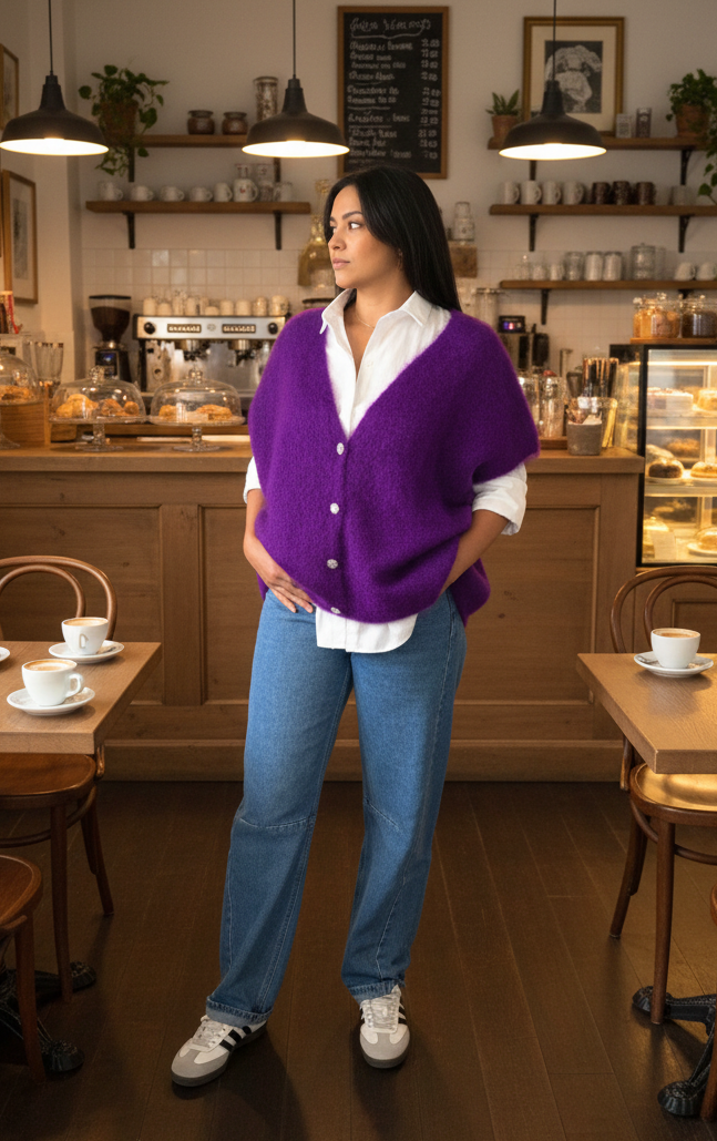 PULL SANS MANCHES EN KID MOHAIR - BOUTONS BIJOUX- FUSHIA