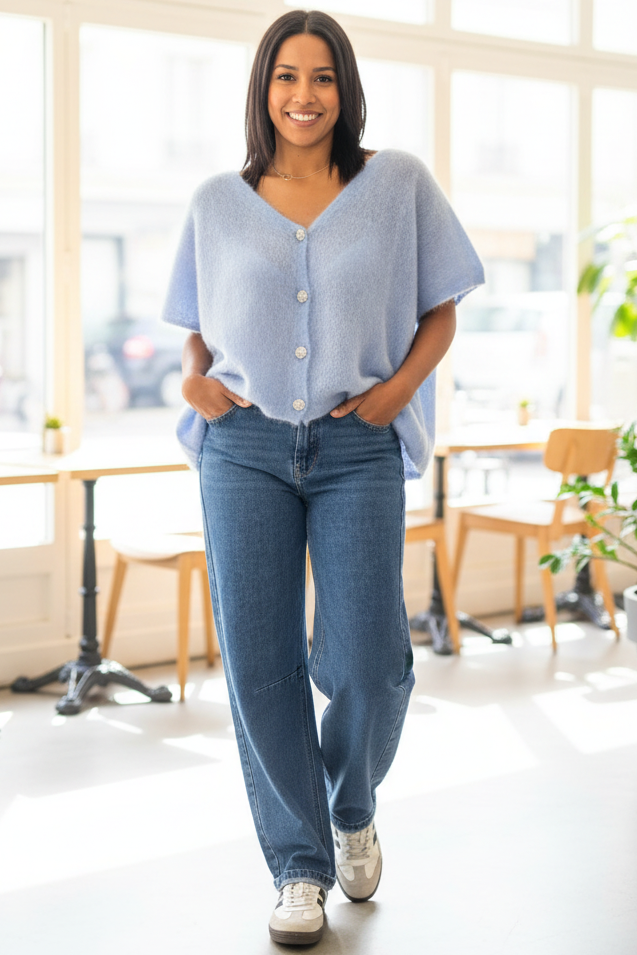 PULL SANS MANCHES EN KID MOHAIR - BOUTONS BIJOUX- BLEU CIEL