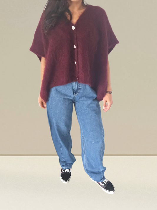 PULL SANS MANCHES EN KID MOHAIR - BOUTONS BIJOUX- BORDEAUX
